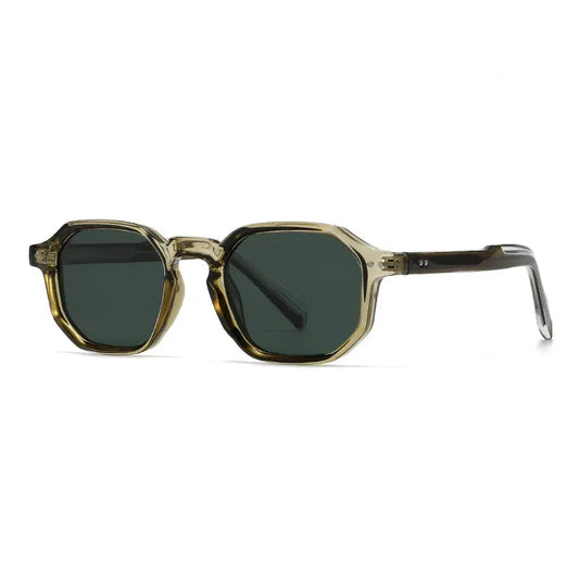 SHAUNA polygon square sunglasses with translucent amber frame, dark green polarized lenses, retro rivets – Astroshadez
