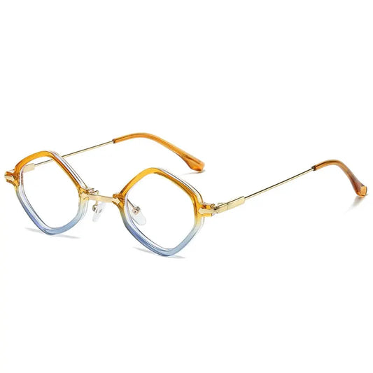 SHAUNA retro polygon square sunglasses with orange translucent frame, gold temples, blue gradient lenses – Astroshadez