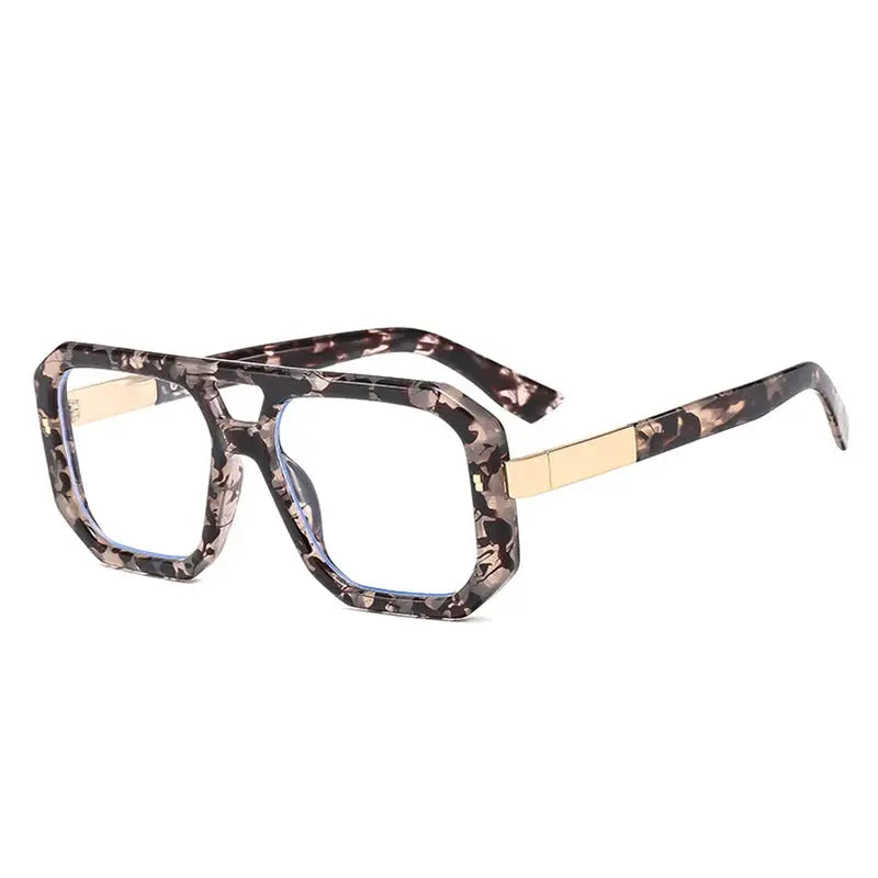 Square double-bridge sunglasses in tortoiseshell frame with gold temples and clear gradient lenses – Astroshadez