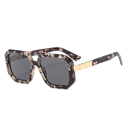 SHAUNA Double Bridges Sunglasses, square tortoiseshell frame, gray lenses, gold temples – Astroshadez