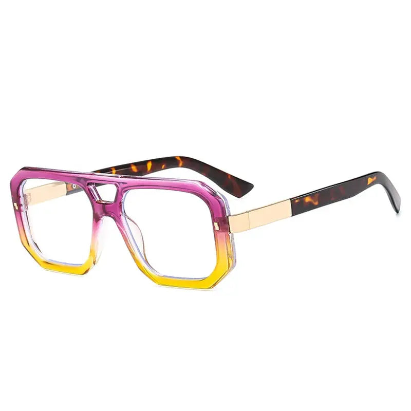SHAUNA Double Bridges sunglasses, pink–purple to yellow gradient square, temples, clear lenses – Astroshadez