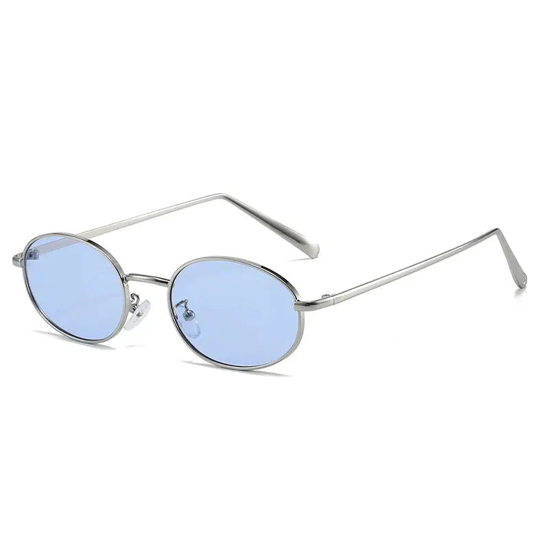 SHAUNA retro small oval metal-frame sunglasses, silver frame with blue UV400 lenses – Astroshadez