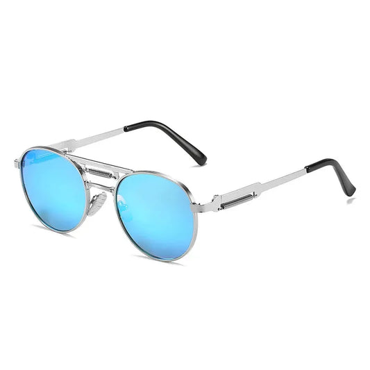 SHAUNA retro metal round sunglasses with silver frame and blue mirrored lenses – Astroshadez
