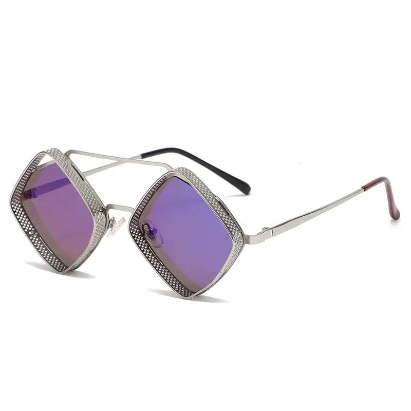 SHAUNA Retro Steampunk Sunglasses; metal hollow square frames with purple gradient mirrored lenses – Astroshadez
