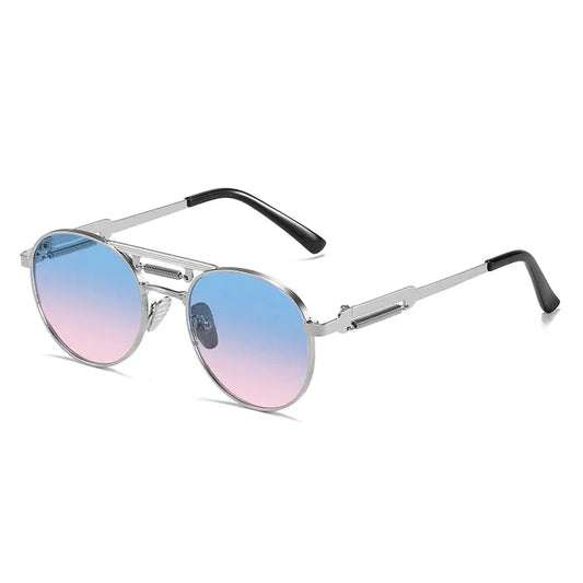 SHAUNA retro metal round sunglasses with silver frame and blue-pink gradient mirrored lenses – Astroshadez