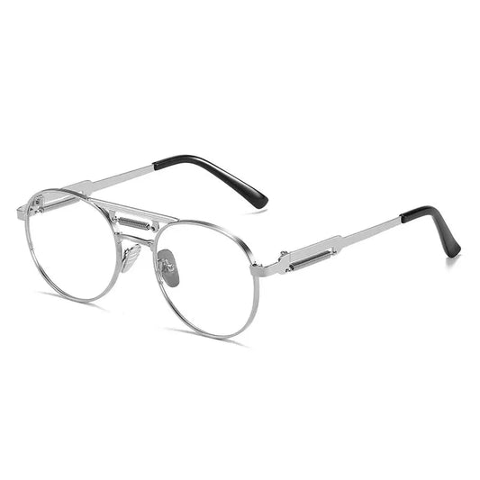 SHAUNA retro metal punk round sunglasses with silver frame and clear lenses, spring hinge temples – Astroshadez