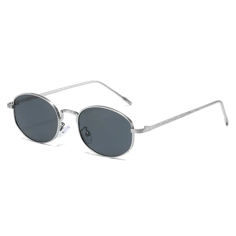 SHAUNA oval metal sunglasses with a silver frame and dark gray lenses, unisex punk style – Astroshadez