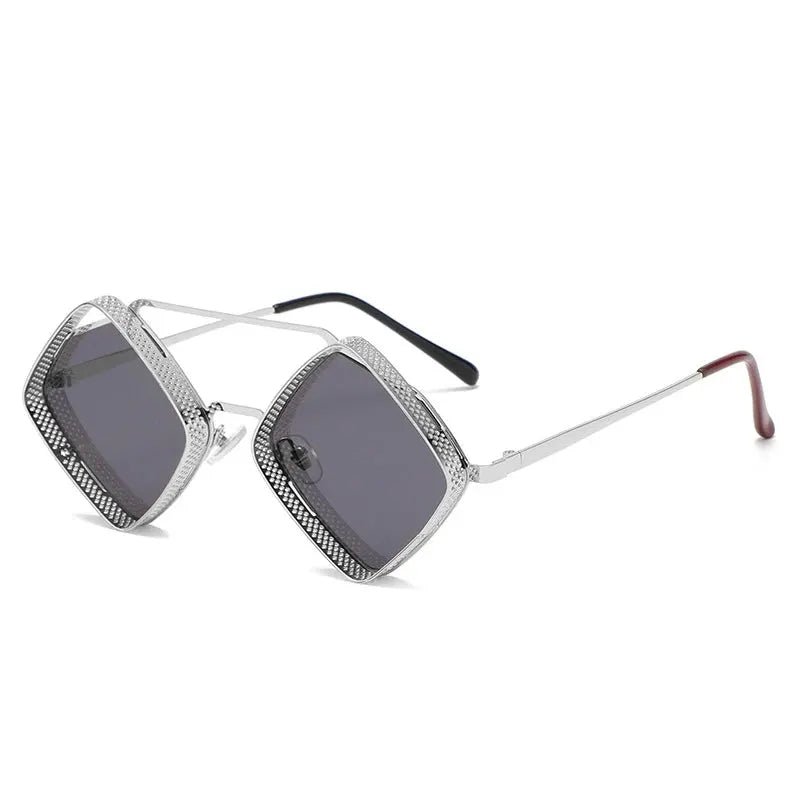 SHAUNA retro steampunk sunglasses with silver hollow square frames and gradient gray lenses – Astroshadez