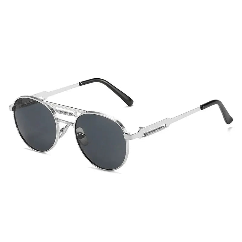 SHAUNA retro metal round sunglasses with silver frame and dark gray gradient lenses – UV400 – Astroshadez