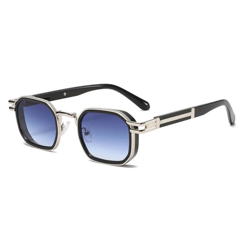 SHAUNA retro square metal sunglasses, black frame with silver accents, gradient blue UV400 lenses – Astroshadez