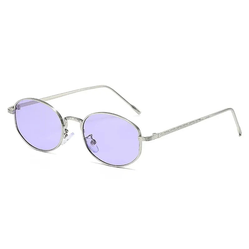 SHAUNA oval metal sunglasses, silver frame with blue-purple lenses, UV400, unisex – Astroshadez