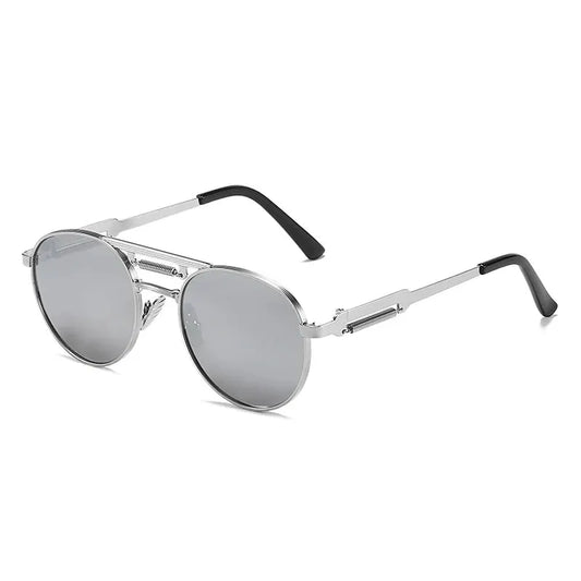 SHAUNA retro round metal sunglasses, silver frame, gray mirrored lenses, black temple tips – Astroshadez