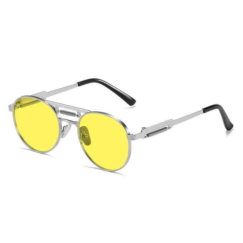 SHAUNA Retro Metal Punk Round Sunglasses with silver frame and yellow mirrored lenses – Astroshadez