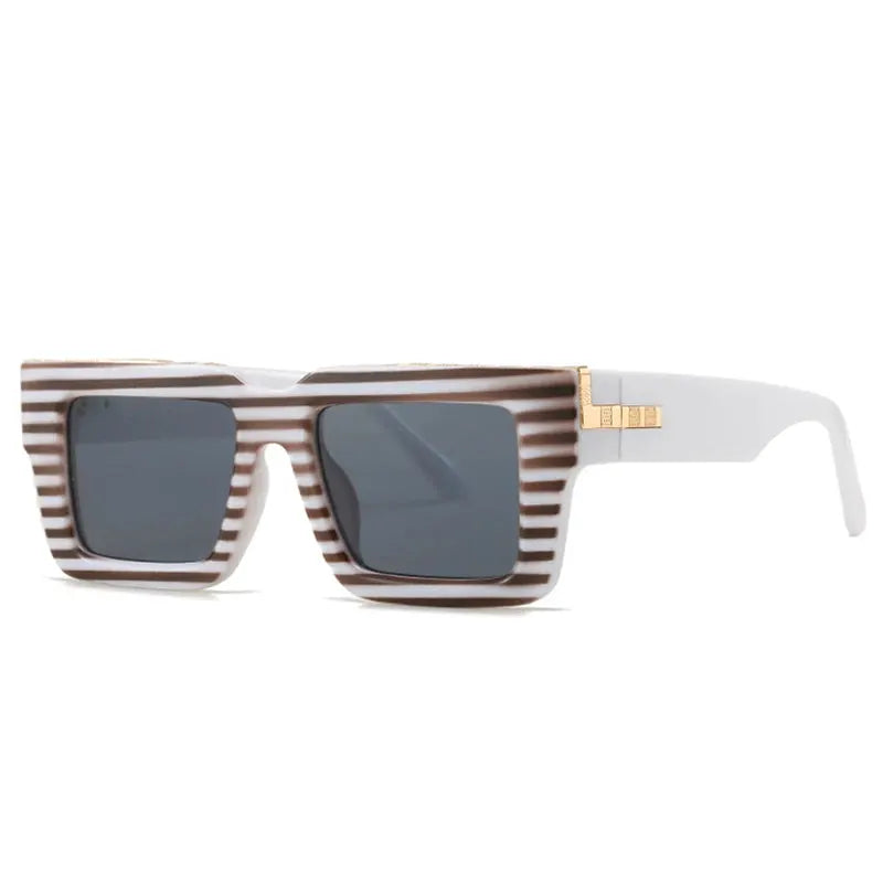 SHAUNA retro square sunglasses with brown/white leopard stripes, gray gradient lenses, white temples – Astroshadez