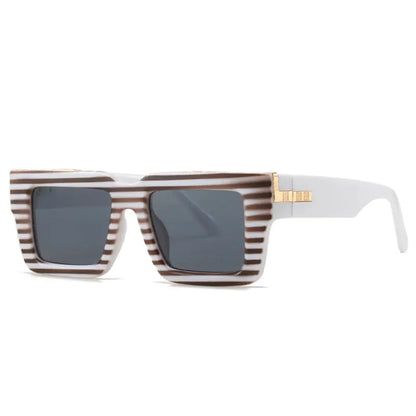 SHAUNA retro square sunglasses with brown/white leopard stripes, gray gradient lenses, white temples – Astroshadez