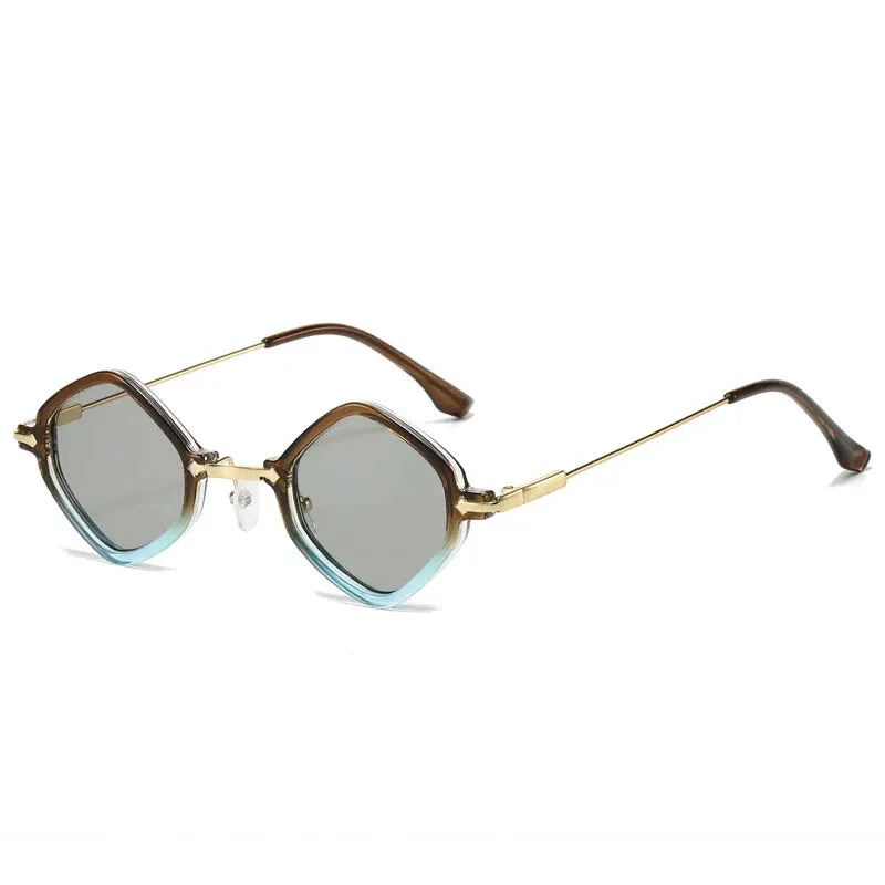 SHAUNA polygon square sunglasses with brown-gold metal frame and gray gradient lenses, ocean-blue bottom – Astroshadez