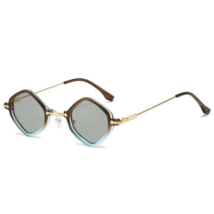 SHAUNA polygon square sunglasses with brown-gold metal frame and gray gradient lenses, ocean-blue bottom – Astroshadez