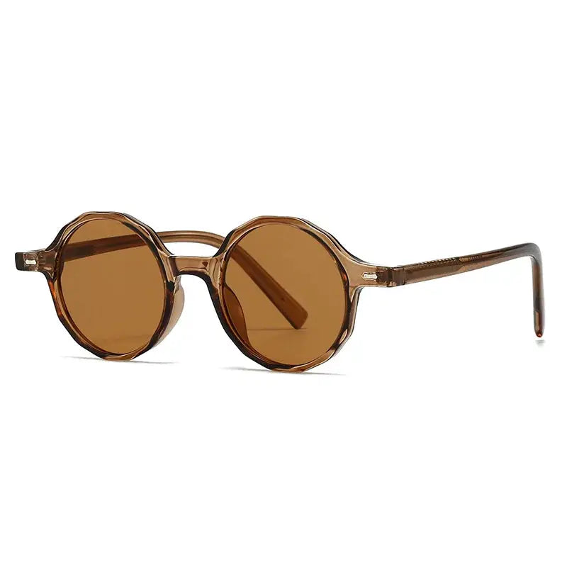 Sunglasses, round polygon frames in translucent brown with brown lenses, UV400 – Astroshadez