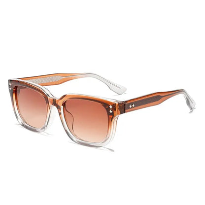 SHAUNA square sunglasses with amber frame and brown gradient lenses; retro rivet temples – Astroshadez