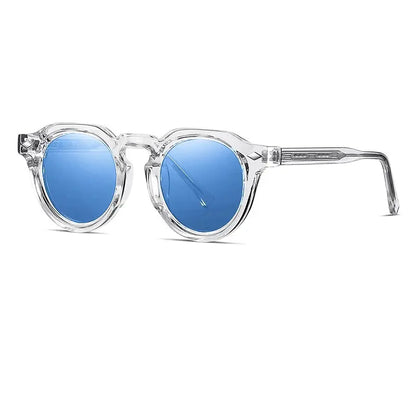 SHAUNA retro round sunglasses with clear frame and blue mirrored lenses, UV400 – Astroshadez