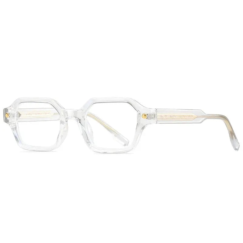 SHAUNA small polygon-square sunglasses; transparent frame, clear-to-light gradient lenses, gold temple rivet accents – Astroshadez