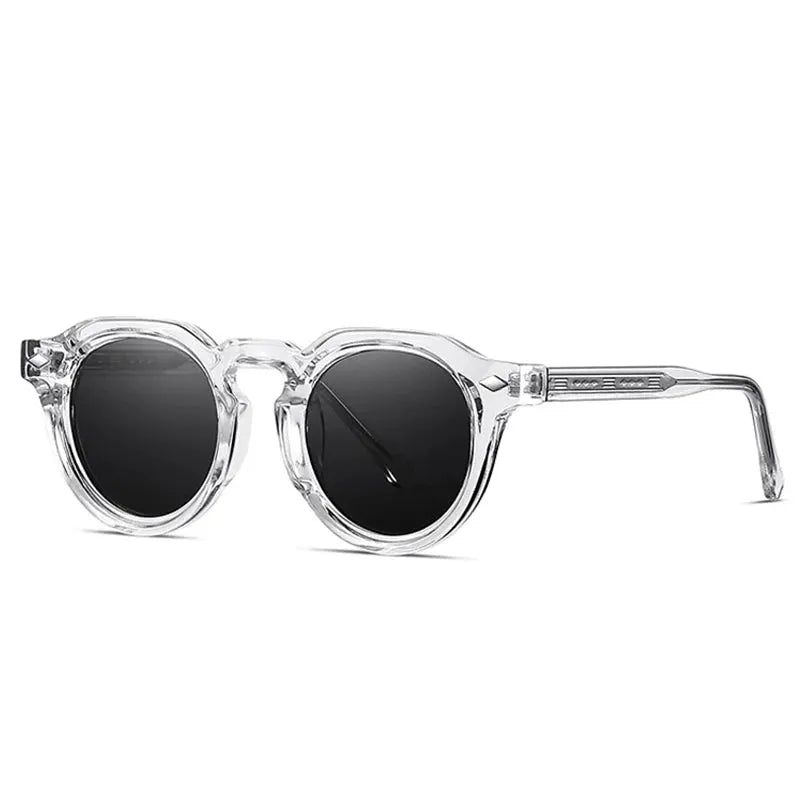 SHAUNA round sunglasses with translucent clear frame and black lenses, retro chic style – Astroshadez