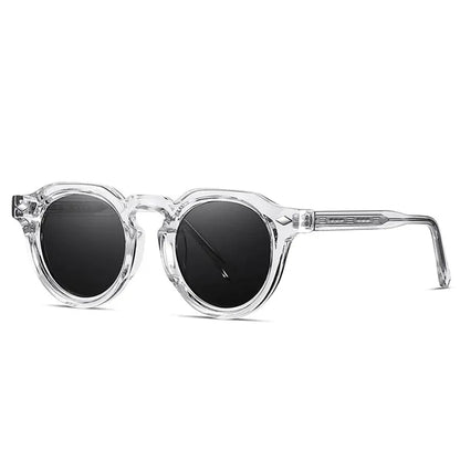 Clear translucent round-frame sunglasses with black lenses; retro unisex rivet-detail style – Astroshadez