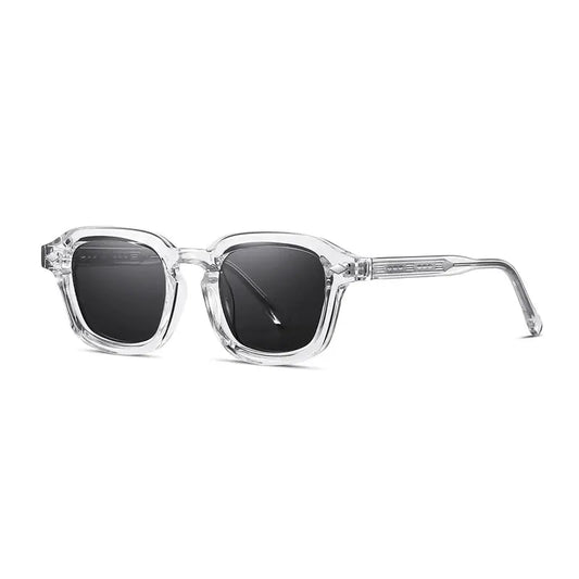 SHAUNA square sunglasses with clear frame and dark lenses, retro rivet accents, UV400, ASTROSHADEZ.COM – Astroshadez