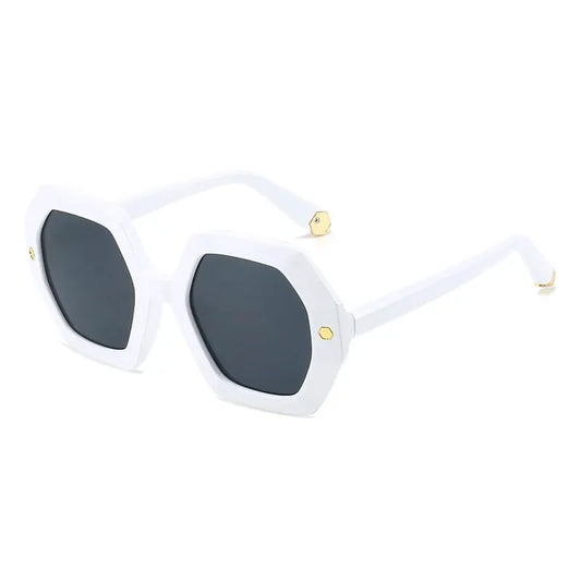 Shauna vintage polygon square sunglasses with white frame, dark gradient lenses, gold rivets– Astroshadez