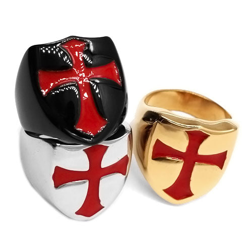 Armor Shield Knight Templar Red Cross Ring Stainless Steel Jewelry Medievil Signet Retro Vintage Biker Ring-ASTROSHADEZ.COM-ASTROSHADEZ.COM