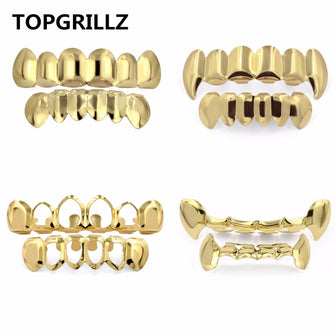Diamond Pure Gold Color Plated HIP HOP Teeth Grillz Top & Bottom Grill Set With silicone Vampire Teeth ship from US-ASTROSHADEZ.COM-ASTROSHADEZ.COM
