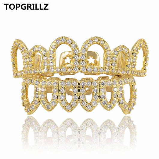 Diamond Hip Hop Gold Color Plated Hollow Out Grillz Top &Bottom Teeth CZ Stone Micro Pave Exclusive Luxuries Set Ship From US-ASTROSHADEZ.COM-ASTROSHADEZ.COM