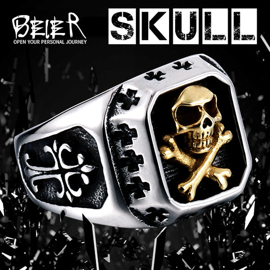 Skull Pirate Cross MC Biker Stainless Steel Silver Gold Ring Mens-ASTROSHADEZ.COM-ASTROSHADEZ.COM