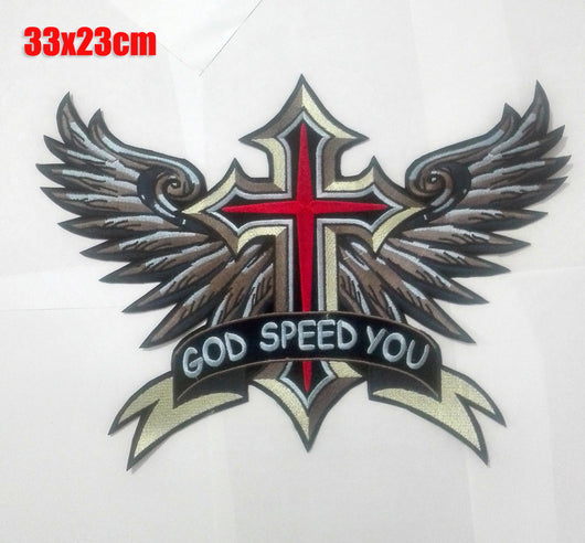 GOD SPEED YOU CROSS WINGS MC Biker Patch Set Iron On Vest Jacket Rocker LARGE-ASTROSHADEZ.COM-ASTROSHADEZ.COM
